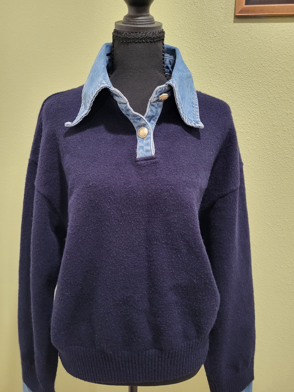 Commense "Courtney" Navy Knit Sweater with Denim Trim. Size Medium. - Picture 2 of 9